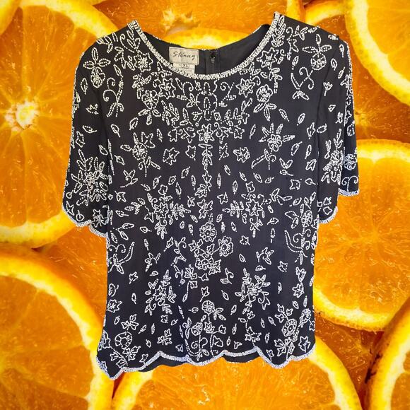 Vintage Stenay Black with White Floral‎ Beaded Design Size XL - Picture 2 of 8